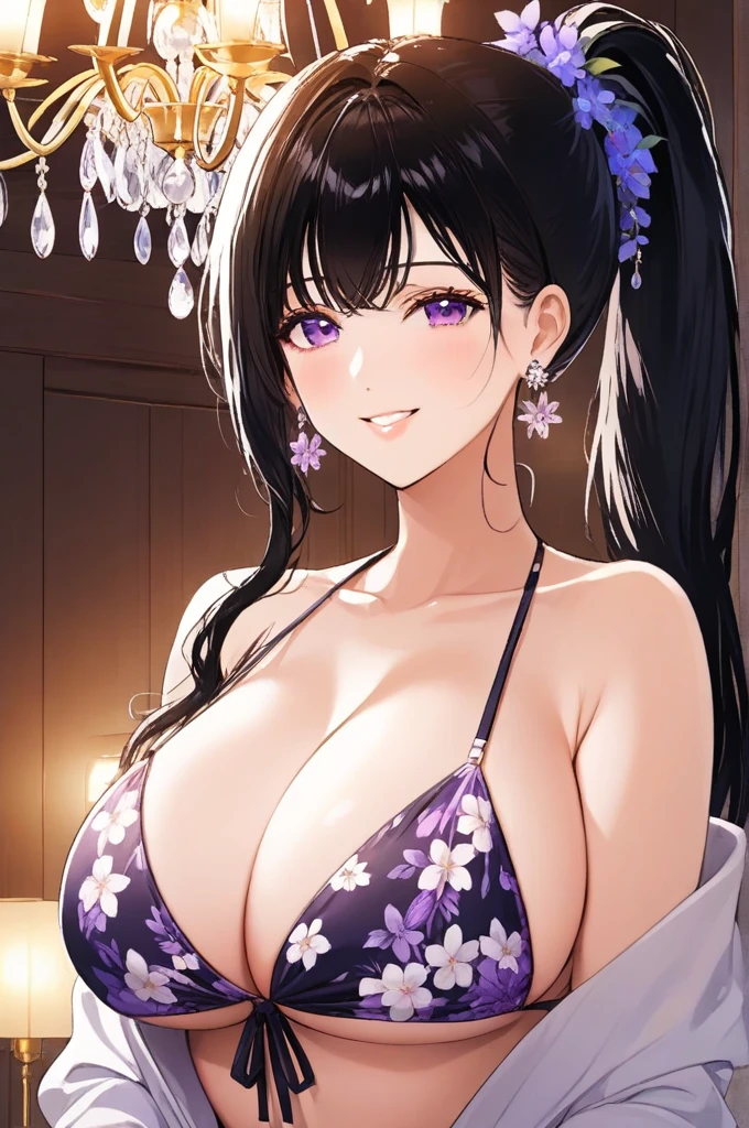 (best quality:1.4), (ultra highres:1.2), (8k, RAW photo:1.2), manhwa-artstyle, 1girl, solo, long hair, looking at viewer, smile, black hair, bare shoulders, purple eyes, upper body, floral bikini, Perfect Hands, ponytail, chandelier floral earrings,floral garment ,flower earrings,floral bracelet and floral headbands,big breasts
