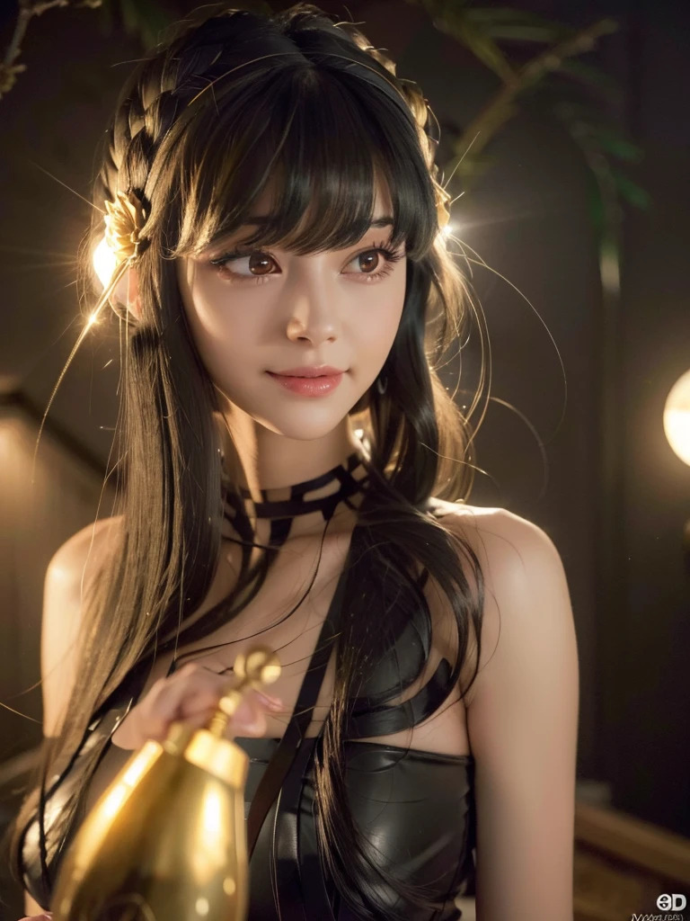 beautiful woman, narrow waist, perfect figure, beautiful eyes, long eyelashes, lustrous lips, perfect body, beautiful skin, (best quality,4K,8K,highres,masterpiece:1.2),ultra-detailed,(realistic,photorealistic,photo-realistic:1.37), cinematic scene, beautiful smile, fashion model, long chestnut hair, attractive clothing, beautiful ornaments、nice black dress、A kind smile、Engage your audience、Full moon night sky