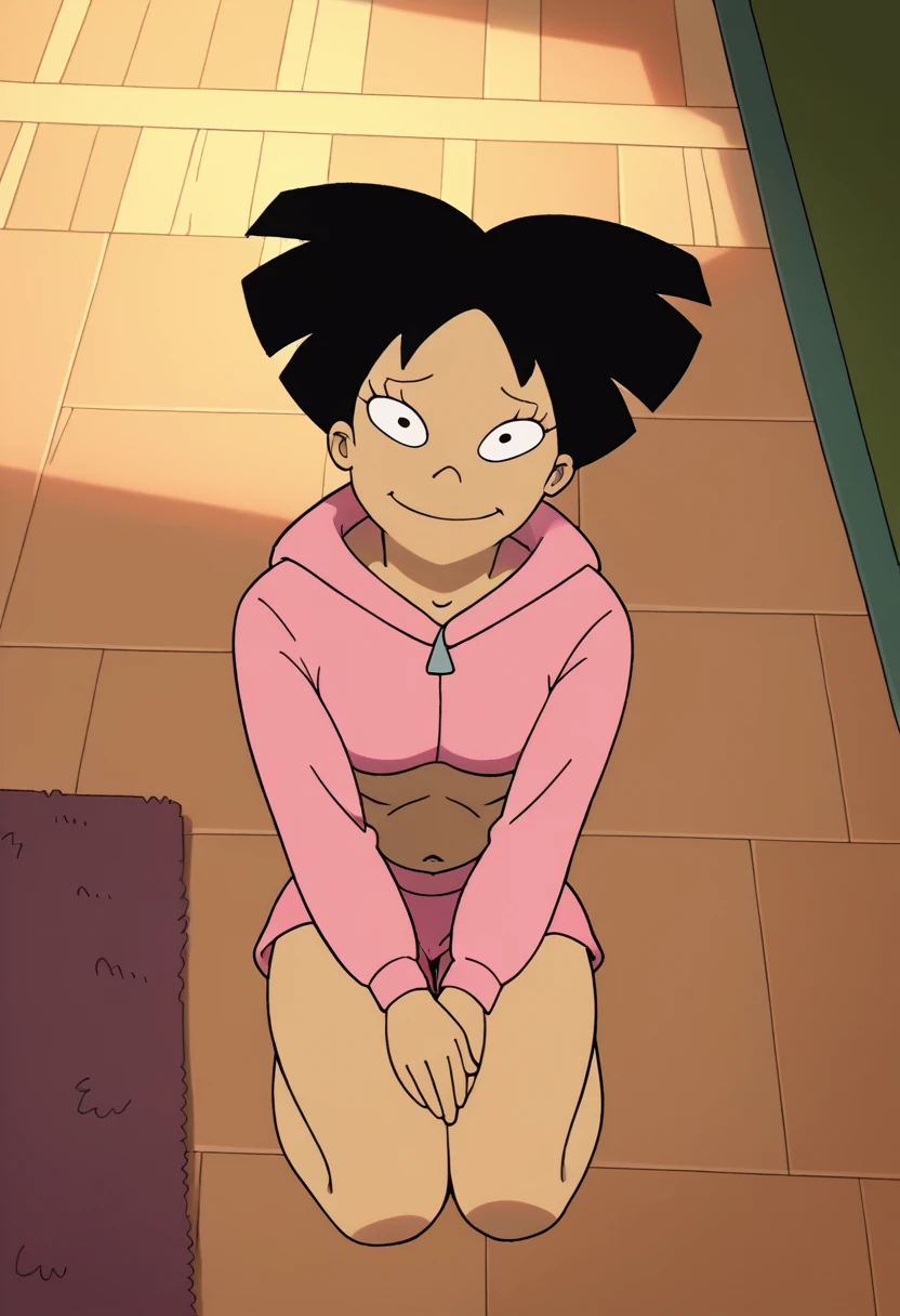 score_9, score_8_up, score_7_up, zPDXL,amy wong, pink sweatsuit, circle eyes, overbite, dot pupil, source_cartoon, futuramastyle, 1girl, short hair, black hair,in college bedroom, sitting on floor, sexy, seductive smile, shy, from above,