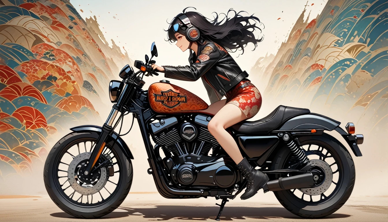 (((whole body))), ((8k of extremely detailed CG unit, Masterpiece, high resolution, highest quality, highest quality real texture skin)), (((profile))), (((Japanese pattern leather jacket))), (((Harley-Davidson))), (((Japanese style headphones))), (((sunglasses))), (((Smiling while driving a motorcycle))), (((Japanese patterned helmet))), ((1 girl)), (Black hair, messy hair, beige skin), (surreal, digital painting)