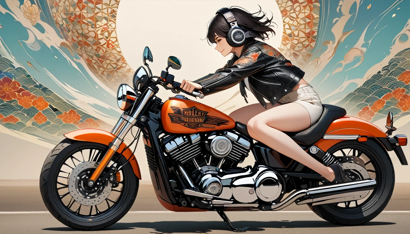 (((whole body))), ((8k of extremely detailed CG unit, Masterpiece, high resolution, highest quality, highest quality real texture skin)), (((profile))), (((Japanese pattern leather jacket))), (((Harley-Davidson))), (((Japanese style headphones))), (((sunglasses))), (((Smiling while driving a motorcycle))), (((Japanese patterned helmet))), ((1 girl)), (Black hair, messy hair, beige skin), (surreal, digital painting)