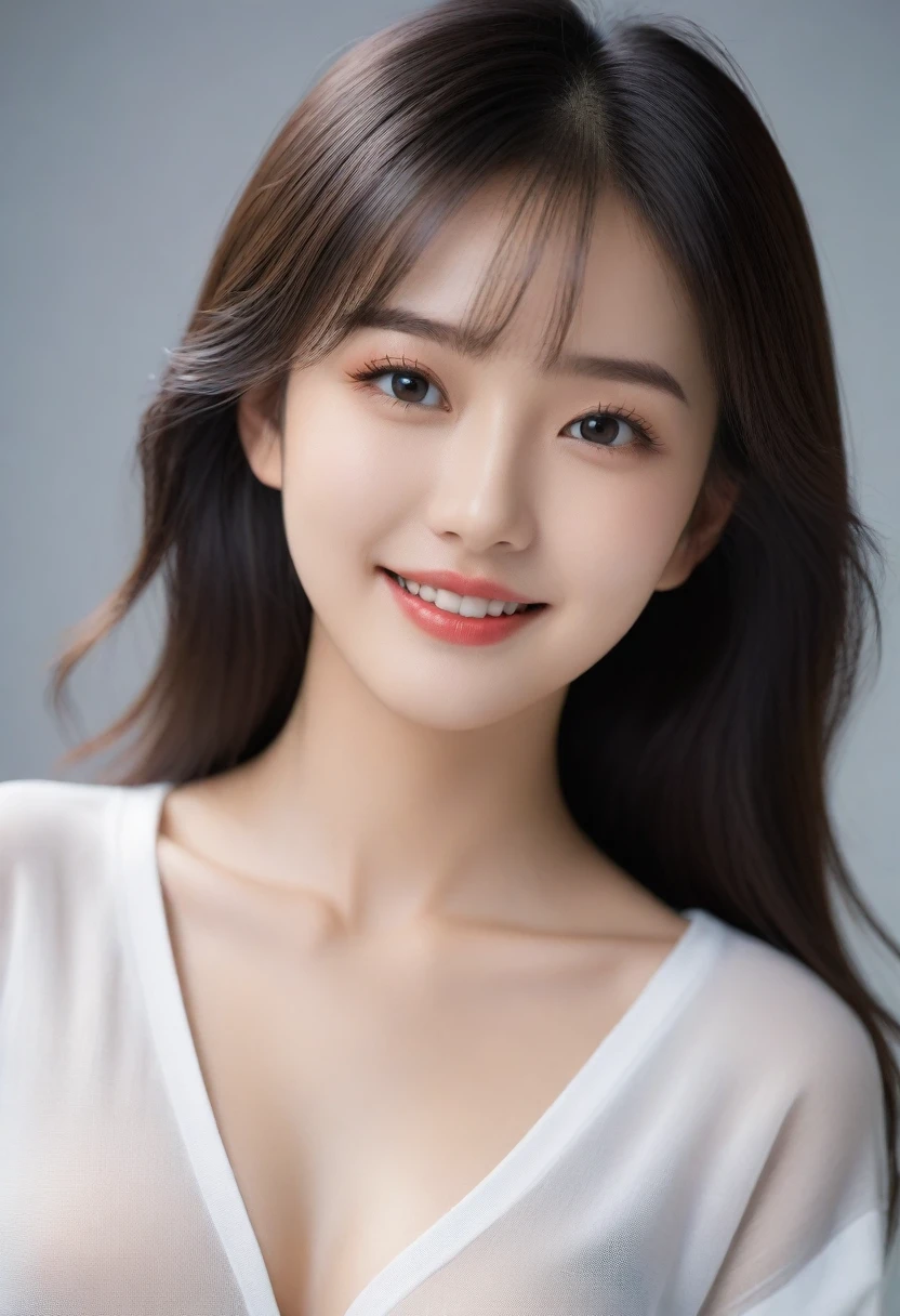 8K, 超High resolution, Highest quality, masterpiece, 三分割法によるphotograph,Surreal, photograph, 1 girl, (16 years old:1.3), pretty girl, Cute face, Beautiful eyes in every detail, 細かくdetailedに,masterpiece,, One Girl:1.2, Japan Female Announcer,whole body、Black Hair、well-groomed eyebrows、Cute Lip Makeup, European Fashion、(masterpiece、Highest quality、Realistic、High resolution、photograph:1.3)、close、I focus、Hot Model、slim、erotic、Sexual vision、slim、shirt、Long sleeve、Hide your chest、Beautiful eyes in every detail、Glossy Lips、Small breasts、((Bright light、Dynamic Lighting、Genuine、超Genuine、 realism、Genuineなディテール、Cool Beauty、Cool pose,Cute gestures、so beautiful,A carefree smile,Healing the heart,blunt bangs,Looking at the audience、beauty,Long neck、Laugh a little、Please close your mouth and laugh、(((Ideal body type))),A-cup small breasts :2,、Portraiture:2、Perfect Anatomy、なdetailed、detailed、Surreal、Light and shadow,Strong light