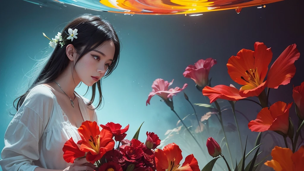 32k, Masterpiece, Highest quality, One girl, Detailed eyes, flower,gladiolus, Yellow and red style,A dreamy, romantic piece,Pale yellow, Mysterious Leaves,A playful arrangement,Fantasy,High Contrast,Ink strokes,explosion,Exposure, Impression of light blue and red tones,Abstract,((Watercolours by John Berkey and Jeremy Mann )) Brush strokes,Negative Space, Tyndall effect,