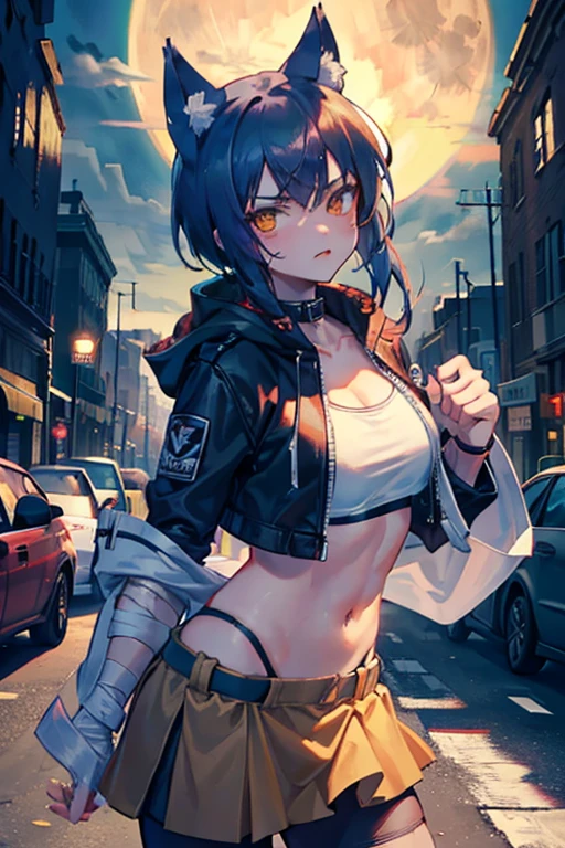 Street Brawler,Wolf Girl,His fist was wrapped in a bloody bandage,His gaze was sharp.,whole body,Wearing a jacket,The moon is out at night,Six-pack