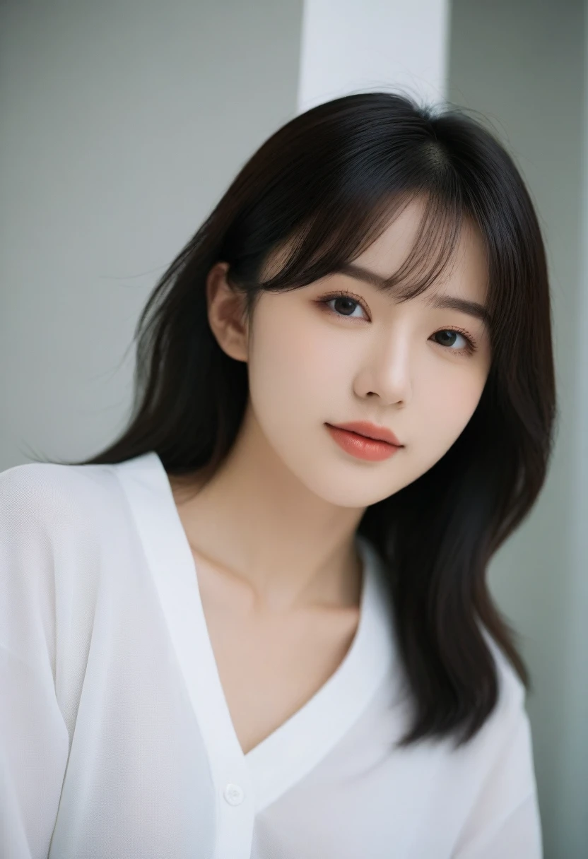 8K, 超High resolution, Highest quality, masterpiece, 三分割法によるphotograph,Surreal, photograph, 1 girl, (:1.3), pretty girl, Cute face, Beautiful eyes in every detail, 細かくdetailedに,masterpiece,, One Girl:1.2, Japan Female Announcer,whole body、Black Hair、well-groomed eyebrows、Cute Lip Makeup, European Fashion、(masterpiece、Highest quality、Realistic、High resolution、photograph:1.3)、close、I focus、Hot Model、slim、erotic、Sexual vision、slim、shirt、Long sleeve、Hide your chest、Beautiful eyes in every detail、Glossy Lips、Small breasts、((Bright light、Dynamic Lighting、Genuine、超Genuine、 realism、Genuineなディテール、Cool Beauty、Cool pose,Cute gestures、so beautiful,A carefree smile,Healing the heart,blunt bangs,Looking at the audience、beauty,Long neck、Laugh a little、Please close your mouth and laugh、(((Ideal body type))),A-cup small breasts :2,、Portraiture:2、Perfect Anatomy、なdetailed、detailed、Surreal、Light and shadow,Strong light