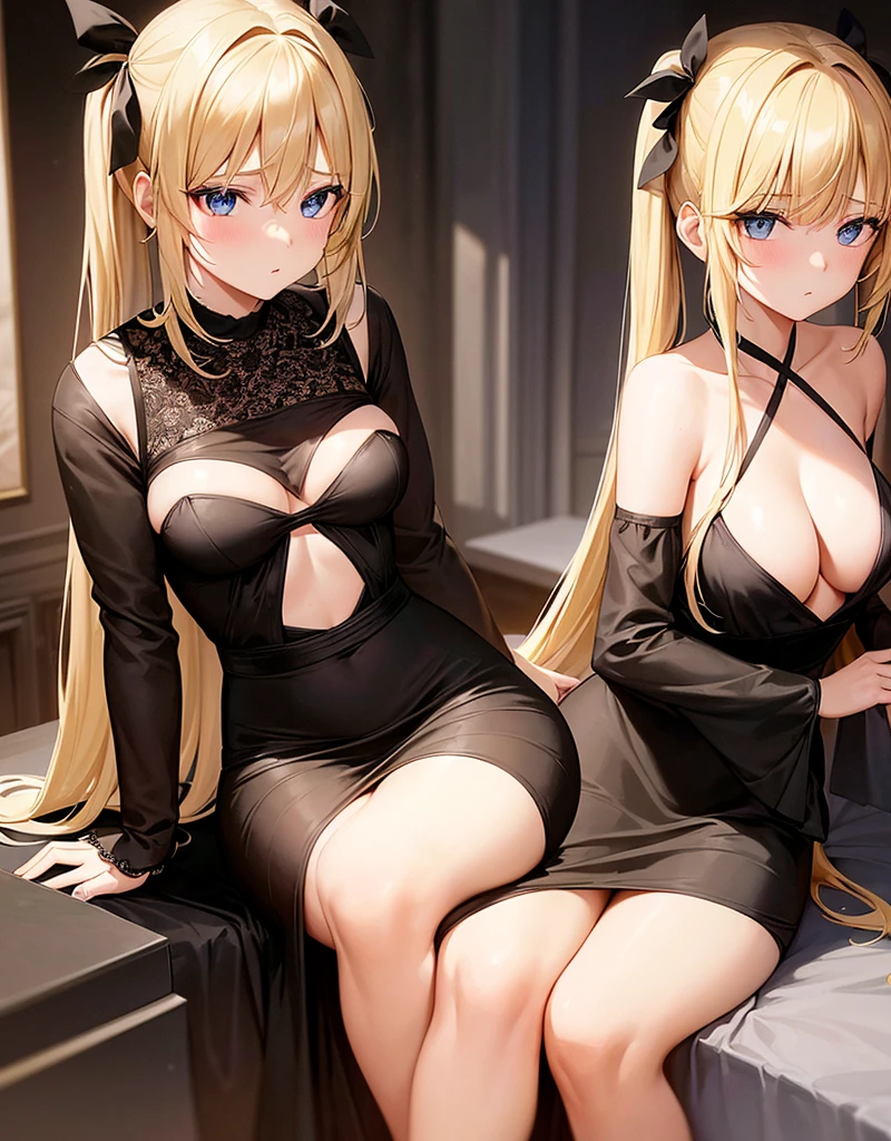  an  girl, She has two pigtails falling over her shoulders, decorated with black ribbons, SHE HAS BLONDE HAIR, blue eyes and a very elegant and very long black dress for a gala dinner with a cut that allows her to show her leg, wears beautiful evening makeup, with a glass of champagne in his hand, sitting in a bar