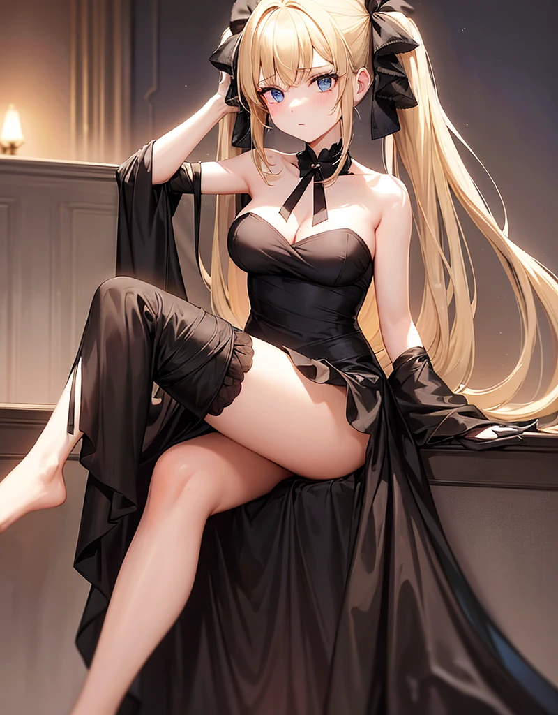  an adult girl, She has two pigtails falling over her shoulders, decorated with black ribbons, SHE HAS BLONDE HAIR, blue eyes and a very elegant and very long black dress for a gala dinner with a cut that allows her to show her leg, wears beautiful evening makeup, with a glass of champagne in his hand, sitting in a bar