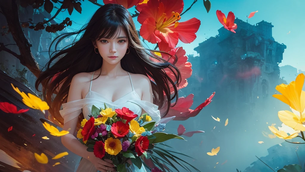 32k, Masterpiece, Highest quality, One girl, Detailed eyes, flower,gladiolus, Yellow and red style,A dreamy, romantic piece,Pale yellow, Mysterious Leaves,A playful arrangement,Fantasy,High Contrast,Ink strokes,explosion,Exposure, Impression of light blue and red tones,Abstract,((Watercolours by John Berkey and Jeremy Mann )) Brush strokes,Negative Space, Tyndall effect,