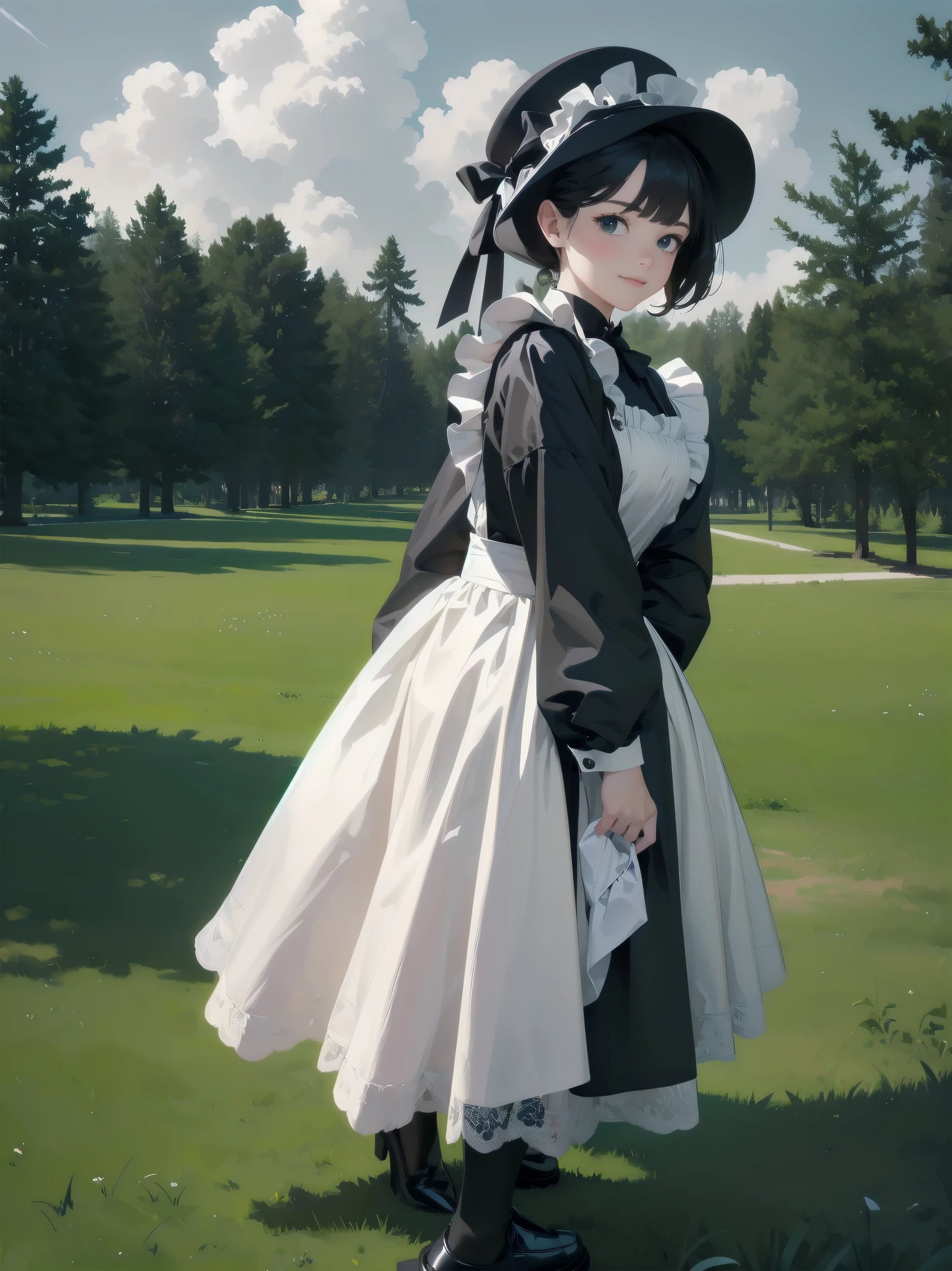 ((Very fine, Very fine CG Unity 8k Wallpaper, High Resolution, Absurd, Beautiful fine details, Very fine hair)), ((Masterpiece)), Outdoors, Sky, Clouds, Grass, ((Beautiful fine details)), Fashionable, One Girl, A  smiling under the stars, a toddler wearing a maid hat with ruby accessories, she is wearing a white and black gothic maid dress with navy blue ribbon. Black stockings, black shoes, cute, super cute toddler maid