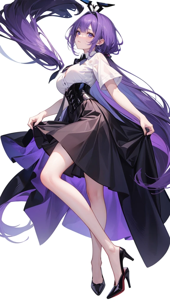 Purple Hair,Super long hair with volume,Adult female,White Y-shirt,((Rolling up his sleeves)),(corset),(Black skirt),(skirt),(High heels),((Simple white background)),((full body)),