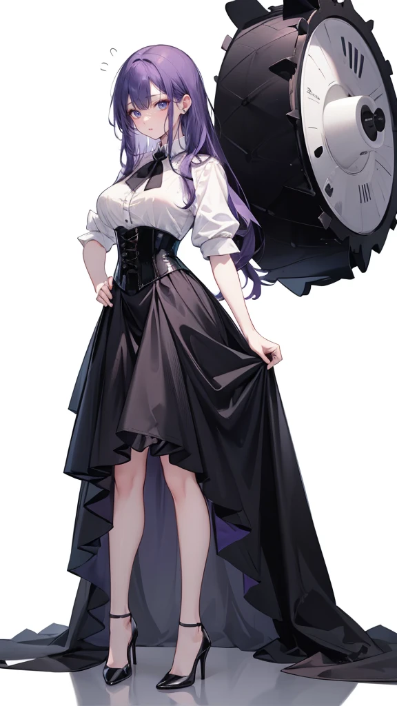 Purple Hair,Super long hair with volume,Adult female,White Y-shirt,((Rolling up his sleeves)),(corset),(Black skirt),(skirt),(High heels),((Simple white background)),((full body)),