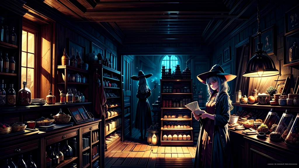 masterpiece, concept art, centered, panoramic, Potion store interior, mythical, fantasy theme, 1girl as a storekeeper, witch, cute, cozy, atmospheric, (epic composition, epic proportion, highly detailed), HD, vibrant color,