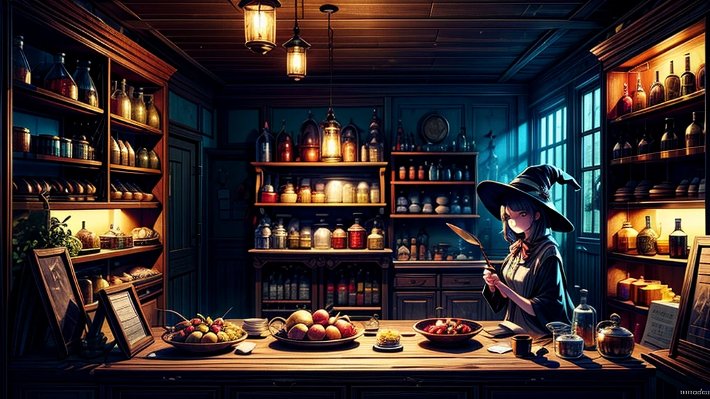 masterpiece, concept art, centered, panoramic, Potion store interior, mythical, fantasy theme, 1girl as a storekeeper, witch, cute, cozy, atmospheric, (epic composition, epic proportion, highly detailed), HD, vibrant color,