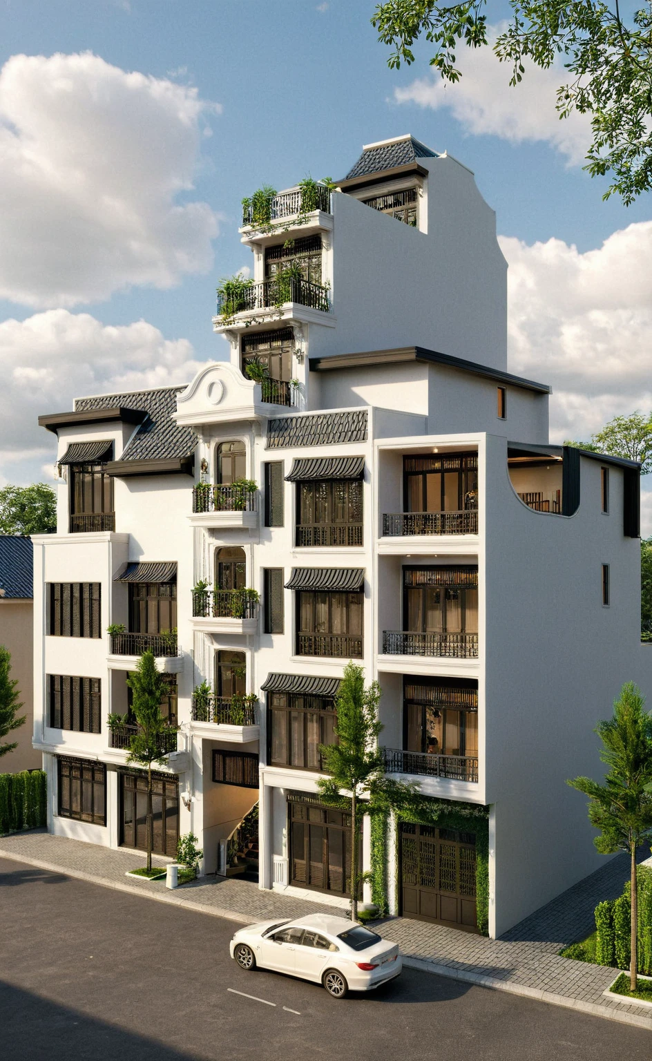 Raw photo,Masterpiece, high quality, best quality, authentic, super detail,
exterior, outdoors, house style indochine on the street ,aiaigroup
road,pavement, grass, trees, sky, cloud, (day:1.1)
