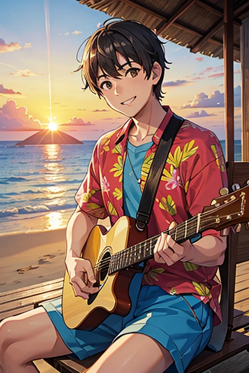 The background is a beautiful beach with a sunset in Okinawa。A man wearing an aloha shirt and shorts is sitting and looking into the distance, smiling.、Playing guitar and singing