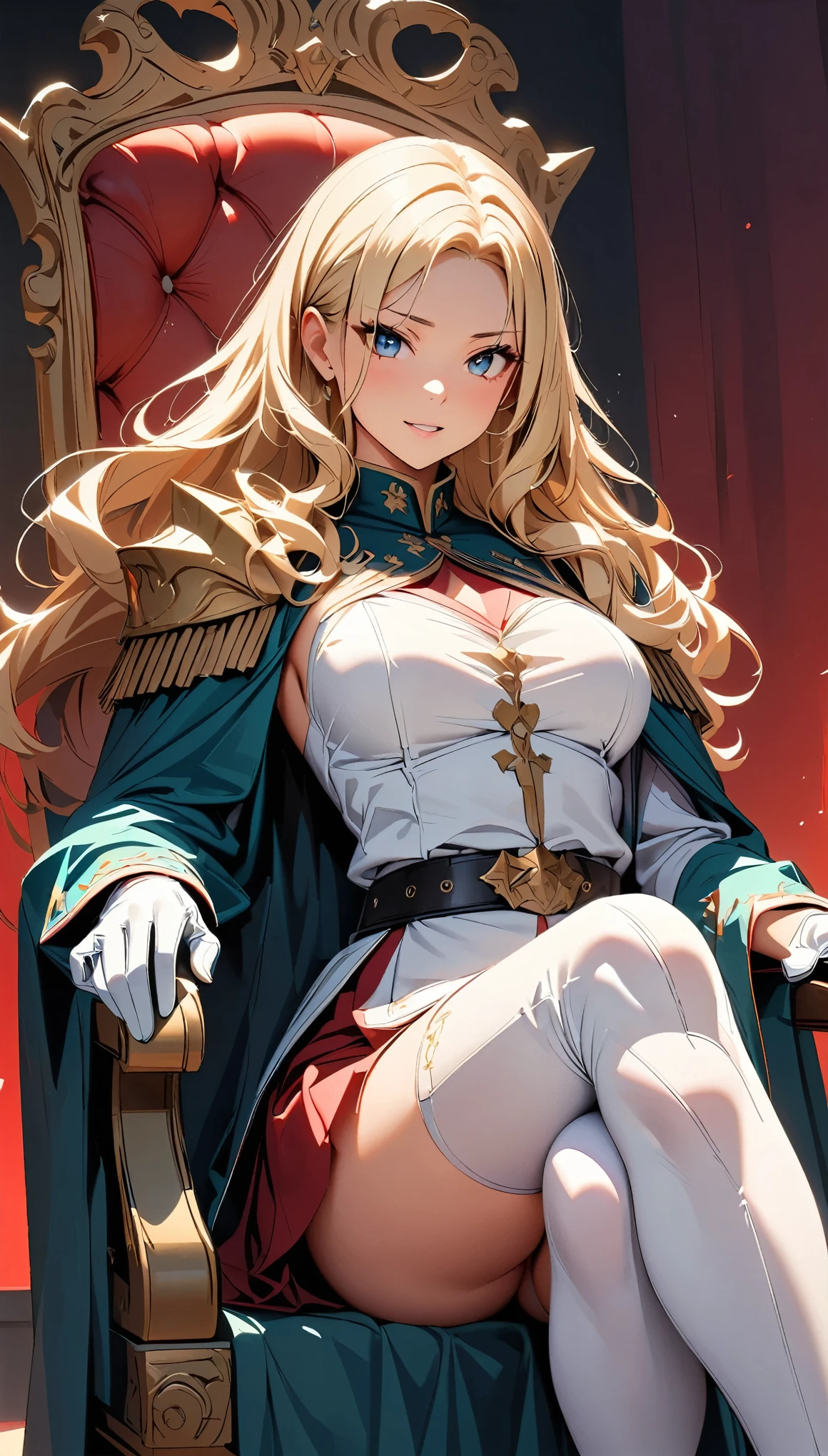 Symbol of power, Queen of Thrones, 1 female, Woman in military uniform, White bodysuit, Knee-high boots, Detailed equipment, Belt-mounted devices, Very high quality weapon representation,, Glare, Blonde long hair, Flowing Hair, shout, Threatening, ambition, Sit in a luxurious chair, Curtain of the Sky, Very delicate decoration, Red interior, Tapestry hanging on the wall, Light shines in, Dark Color Palette, (Highest quality:1.2, Very detailed, up to date, Vibrant, Ultra-high resolution, High Contrast, masterpiece:1.2, Highest quality, Best aesthetics), 