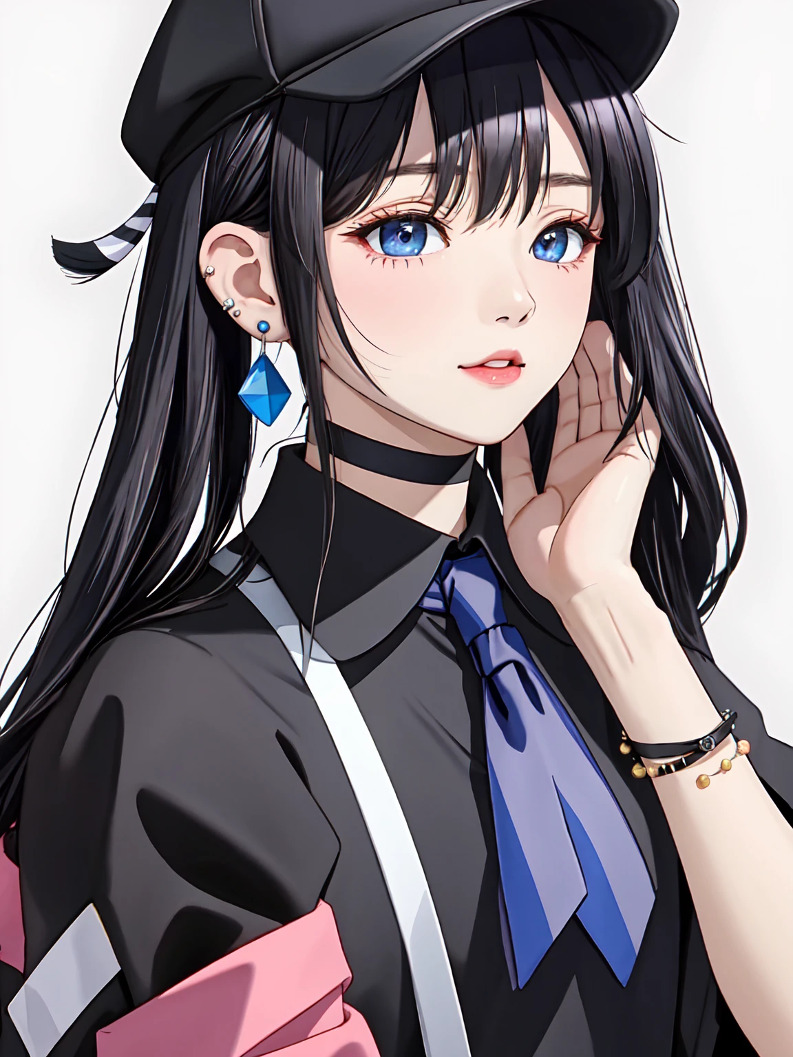 ((Highest quality、masterpiece、High resolution))、- Wearing a cap - Black hair with bangs covering one eye - Wearing pink eyeshadow - Wearing round sunglasses - Multiple piercings in both ears - Wearing a black choker - Wearing a black shirt - Wearing a blue and black striped tie - Wearing black and blue striped arm covers - Background is a white wall, age Japanese female, aspect ratio is 9：16