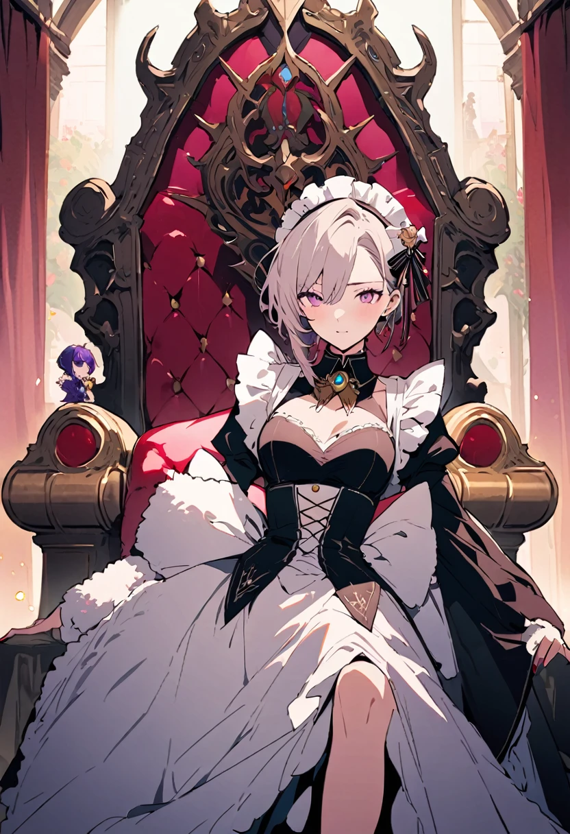 masterpiece, Highest quality, Illustration of the novel, High resolution, 18+ Adult content, Sensual, Intimate, Emotional, Passionate, romantic, sweet, Adorable, Innocent, Pure, Charmな, Charmな, Charm, mysterious, Charmな, Charmな, Immersive, Charmな, dream-like, Surreal, Imaginative, Whimsical, Artistic, Avant-garde, timeless, elegant, Sophisticated, chic, Sophisticated, personality, original, Charmな,((Maid clothes:1.3)),((Throne of Power,Throne of Power:1.3))((Upper Body:1.3))