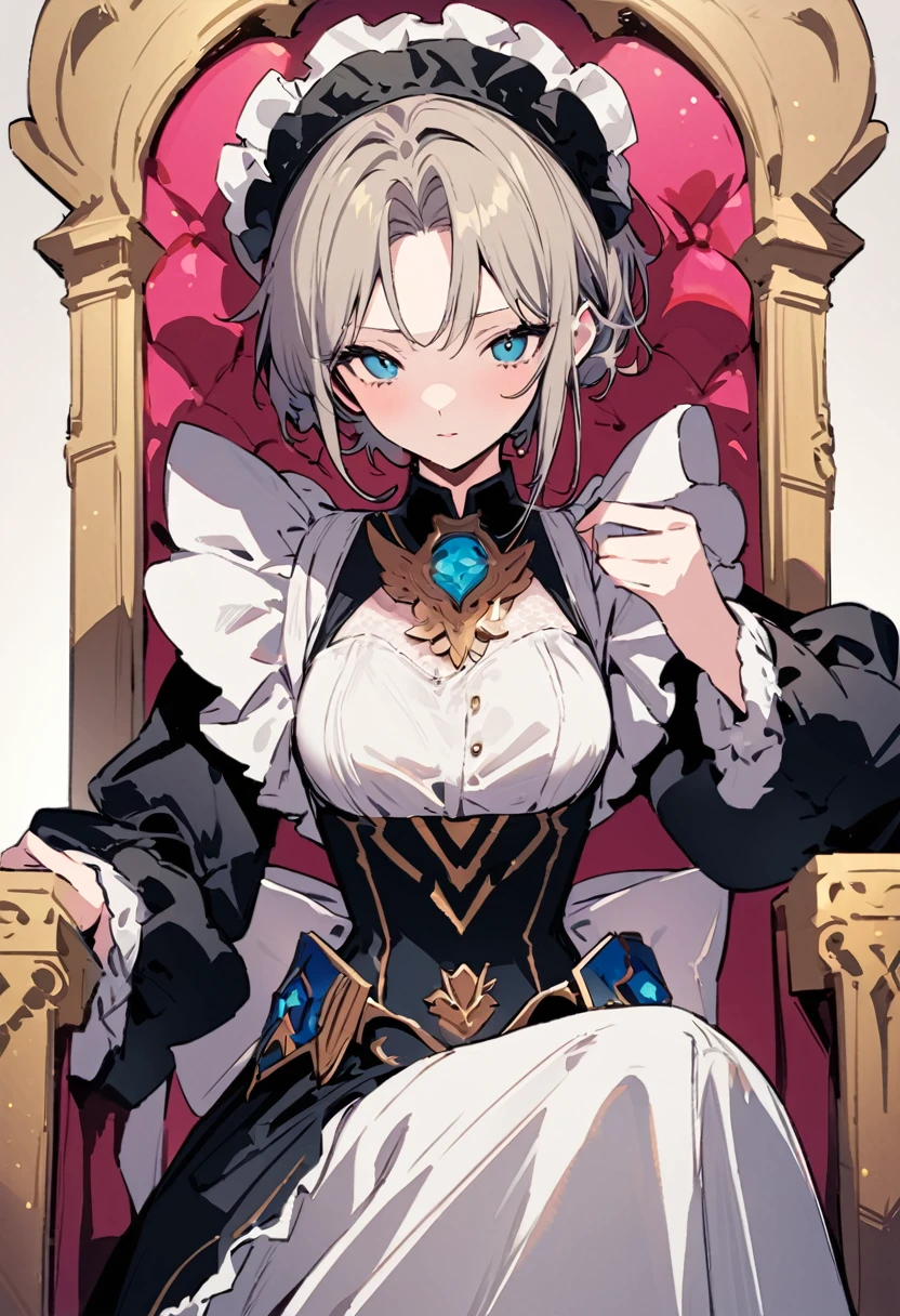 masterpiece, Highest quality, Illustration of the novel, High resolution, 18+ Adult content, Sensual, Intimate, Emotional, Passionate, romantic, sweet, Adorable, Innocent, Pure, Charmな, Charmな, Charm, mysterious, Charmな, Charmな, Immersive, Charmな, dream-like, Surreal, Imaginative, Whimsical, Artistic, Avant-garde, timeless, elegant, Sophisticated, chic, Sophisticated, personality, original, Charmな,((Maid clothes:1.3)),((Throne of Power,Throne of Power:1.3))((Upper Body:1.3))