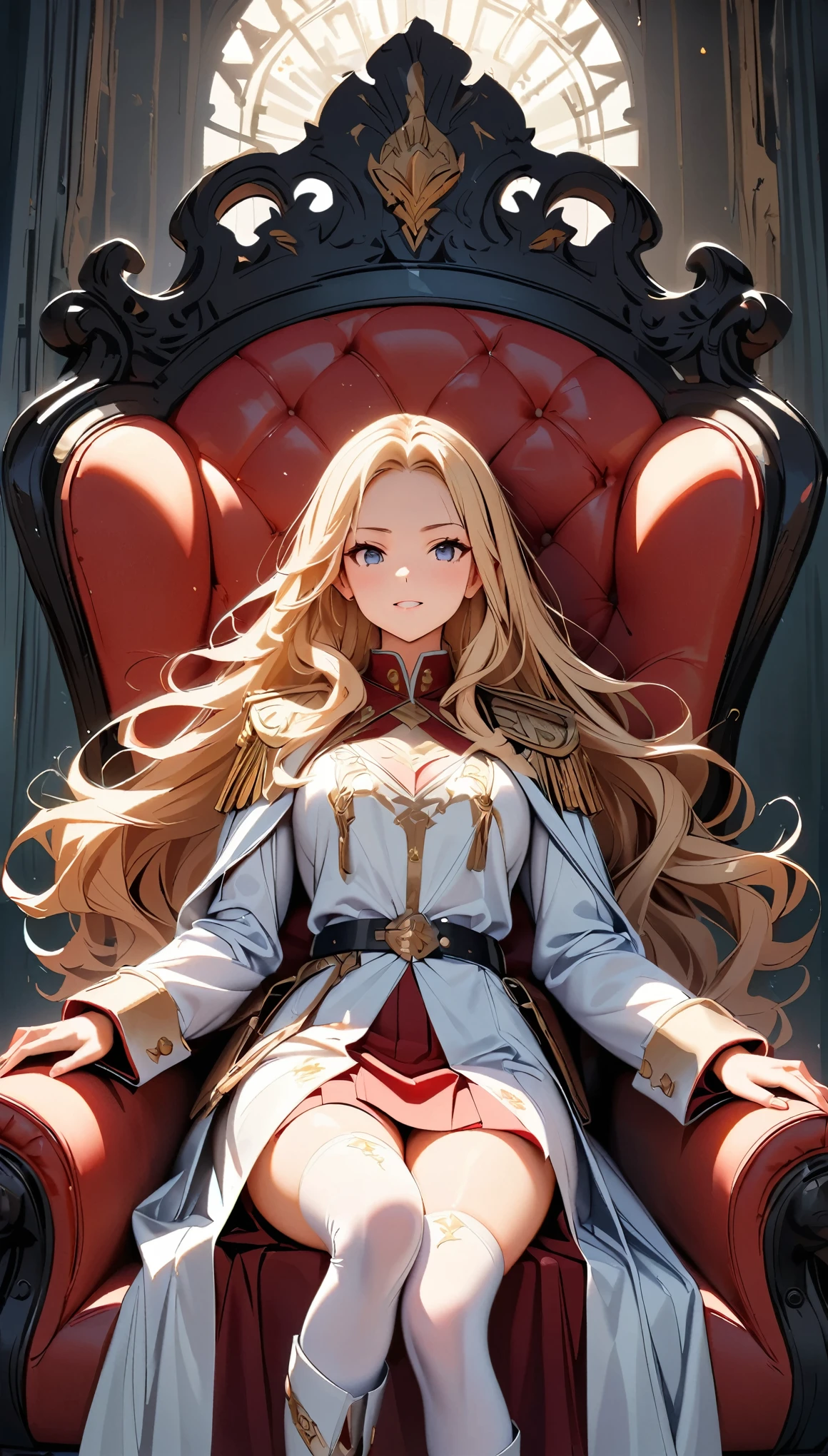 Symbol of power, Queen of Thrones, 1 female, Woman in military uniform, White bodysuit, Knee-high boots, Detailed equipment, Belt-mounted devices, Very high quality weapon representation,, Glare, Blonde long hair, Flowing Hair, shout, Threatening, ambition, Sit in a luxurious chair, Curtain of the Sky, Very delicate decoration, Red interior, Tapestry hanging on the wall, Light shines in, Dark Color Palette, (Highest quality:1.2, Very detailed, up to date, Vibrant, Ultra-high resolution, High Contrast, masterpiece:1.2, Highest quality, Best aesthetics),