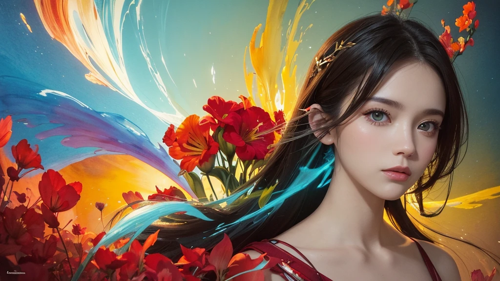 32k, Masterpiece, Highest quality, One girl, Detailed eyes, flower,gladiolus, Yellow and red style,A dreamy, romantic piece,Pale yellow, Mysterious Leaves,A playful arrangement,Fantasy,High Contrast,Ink strokes,explosion,Exposure, Impression of light blue and red tones,Abstract,((Watercolours by John Berkey and Jeremy Mann )) Brush strokes,Negative Space, Tyndall effect,