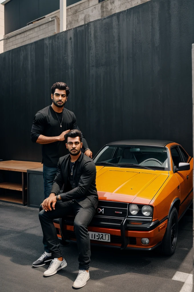A men on chair and back blavk wall and his right and left car and black wall write tanvir