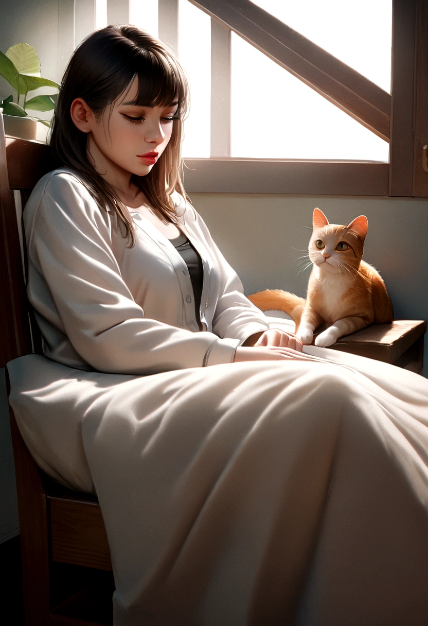 big,super high quolity,8k,realistic,a girl,sutding,in her house,nap cat,sheet on chair