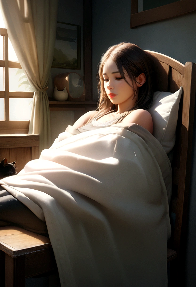 big,super high quolity,8k,realistic,a girl,sutding,in her house,nap cat,sheet on chair