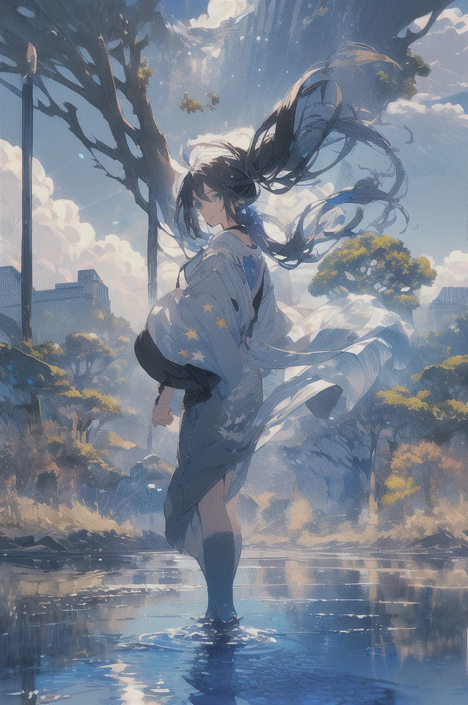 , (masterpiece:1.2), best quality,midjourney,
1girl, scenery, solo, sky, star (sky), cloud, outdoors, standing, starry sky, fantasy, horizon, long hair, tree, light particles, water, very wide shot, from behind, cloudy sky