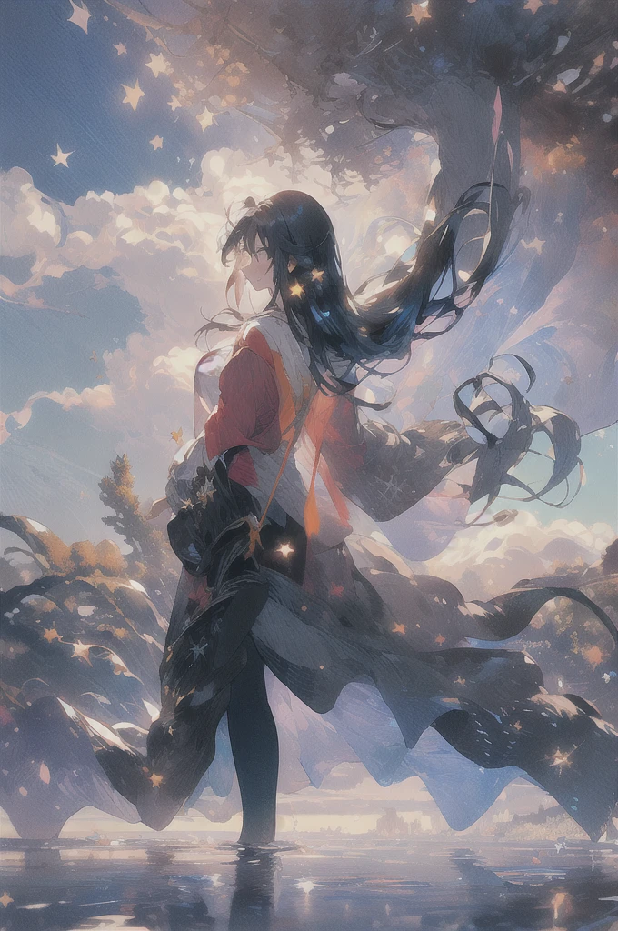 , (masterpiece:1.2), best quality,midjourney,
1girl, scenery, solo, sky, star (sky), cloud, outdoors, standing, starry sky, fantasy, horizon, long hair, tree, light particles, water, very wide shot, from behind, cloudy sky