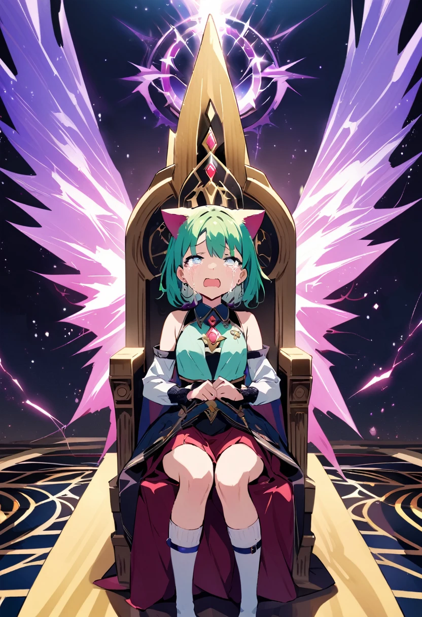 masterpiece, Highest quality, Illustration of the novel, High resolution, 18+ Adult content, Sensual, Intimate, Emotional, Passionate, romantic, sweet, Adorable, Innocent, Pure, Fascinating, Fascinatingな, Charm, mysterious, Fascinatingな, Fascinating, Immersive, Fascinatingな, dream-like, Surreal, Imaginative, Whimsical, Artistic, Avant-garde, timeless, elegant, Sophisticated, chic, Sophisticated, personality, original, Fascinatingな,One Girl,Deltamon_beta, alone, blue eyes, Knee socks, Animal ears, Bare shoulders, Blue Tail, Earrings,Removable sleeves, Green Hair, Sleeveless, Cat ear, bag, white Knee socks, Cat&#39;tail,pink backpack,Pink school bag,Lavender lace: Lavender Peter Pan collar lace dress, Paired with ivory tights and Mary Jane shoes.,Cherry-blossom viewing, azalea, satsuki, azalea blizzard,
rest ((Avoidance method ((子Cat)), Crying face)),((Throne of Power,Throne of Power:1.3))