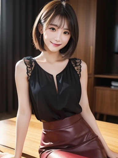 ((masterpiece))、((Highest quality))、picture、Reality、high resolution、Advanced Depth of Field、Ultra-detailed、Realistic lighting、Late night office、Empty conference room、(Sitting on a desk with legs apart),Japanese women、20-year-old、slender,Delicate facial features、short hair、sweating、Realistic background and accessories、D Cup、slenderな体、Sexy smile、Serious look、Embarrassed look、A large composition that captures the entire body、Wine red sheer blouse、Black tight skirt、