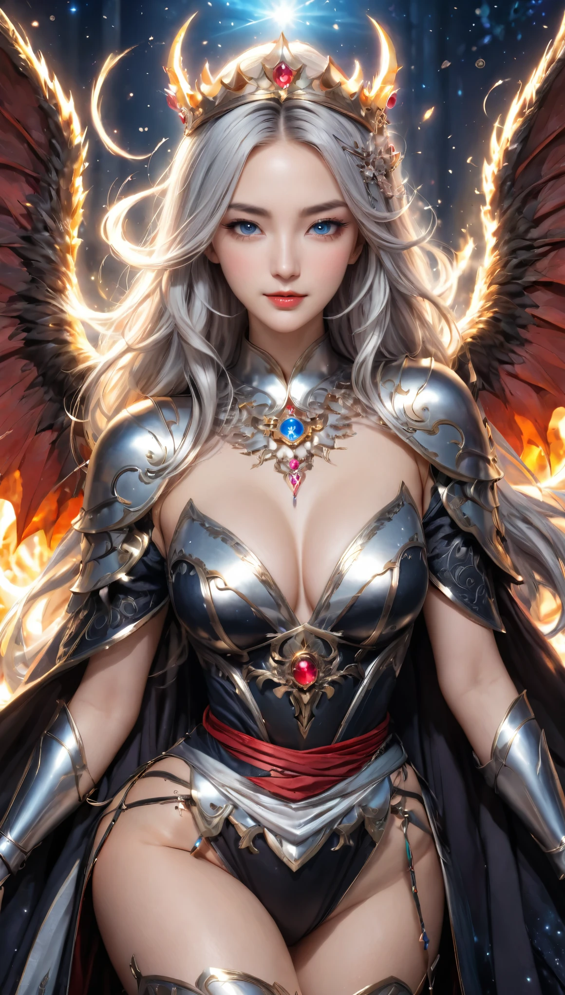 8K resolution, masterpiece, Highest quality, Award-winning works, unrealistic, From above, erotic, sole sexy lady, healthy shaped body, 22 years old, dark knight, 170cm tall, huge firm bouncing busts,, white silver long wavy hair, Detailed facial depictions, Break, Mysterious blue eyes, Standard nose, Eyeliner, pink lips, sexy long legs, Clear skin, knight, A holy sword that emits seven-colored light, Gothic armor, Complex structure of armor, Seven-colored colorful armor, Clothed in flames, Phoenix Crest, elegant, Very detailed, Delicate depiction of hair, miniature painting, Digital Painting, artステーションコンセプトart, Smooth, Sharp focus, shape, artジャム、Greg Rutkowski、Alphonse Mucha、William Adolphe Bouguereau、art:Stephanie Law , Royal Jewel, nature, Symmetric, Greg Rutkowski, Charlie Bowwater, Unreal, Surreal, Dynamic Lighting, ファンタジーart, Complex colors, Colorful magic circle, flash, dynamic sexy poses, A kind smile, Mysterious Background, Aura, A gentle gaze, BREAK, Small faint lights and flying fireflies, night, lanthanum, 山の頂From above下界を見下ろす, Starry Sky, milky way, nebula, shooting star,, (Back view, Looking back towards the camera:1.3), frying dragons