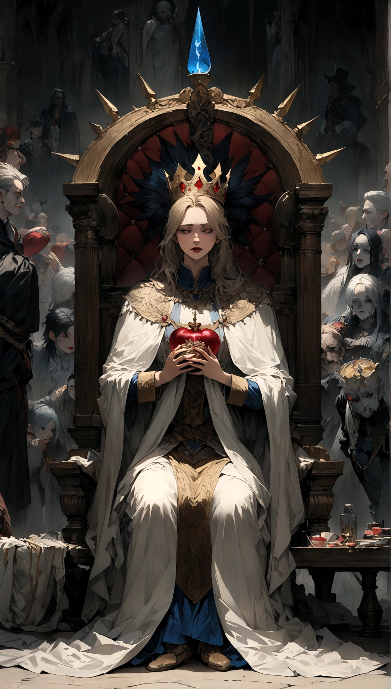 Throne room scenery,oil painting style,king sitting on the throne,Subjects prostrating,Subject's clothing details,There is a distance between the king's throne and his subjects.,BREAK,(The king is a man who has just been crowned.,A king with absolute power who looks down on his subjects,He wears clothes and a cloak befitting a king.,the king wears a crown,He is a king with a cruel personality.,anatomically correct),BREAK,A painting depicting an era in history,paint with oil paint,structurally correct,(masterpiece:1.3),(highest quality:1.4),(ultra detailed:1.5),High resolution,extremely detailed,unity 8k wallpaper,decadent,dark fantasy,horror style,fear,awe,feeling of pressure