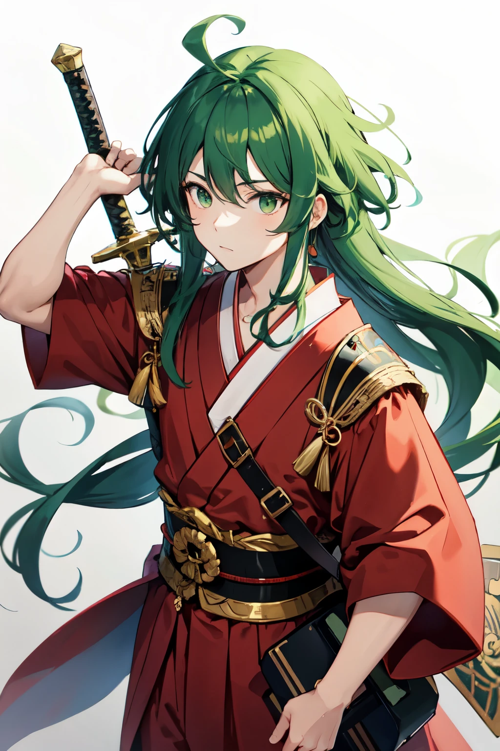 Wearing Japanese clothing、A teenage boy with long green hair and green eyes wearing a red bandana and carrying a sword　