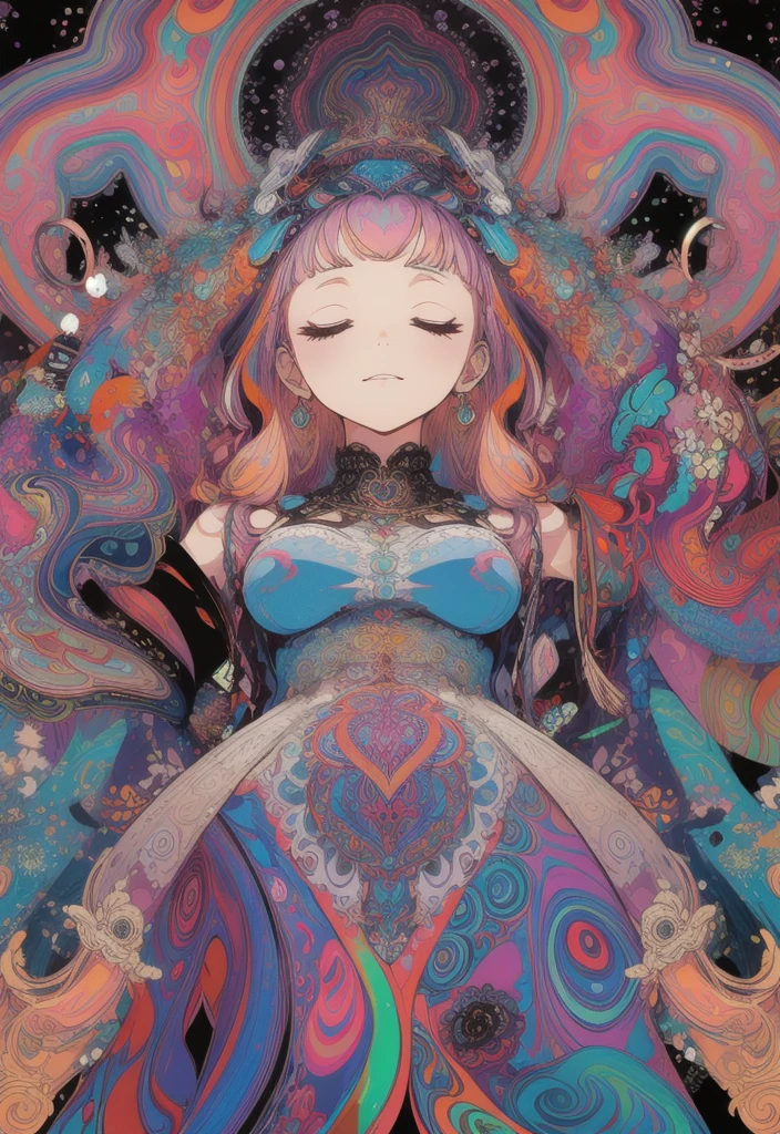 (psychedelic art:1.5), (from below:1.2), intricate dress, upper body, closed eyes, libido , Clothing erotica