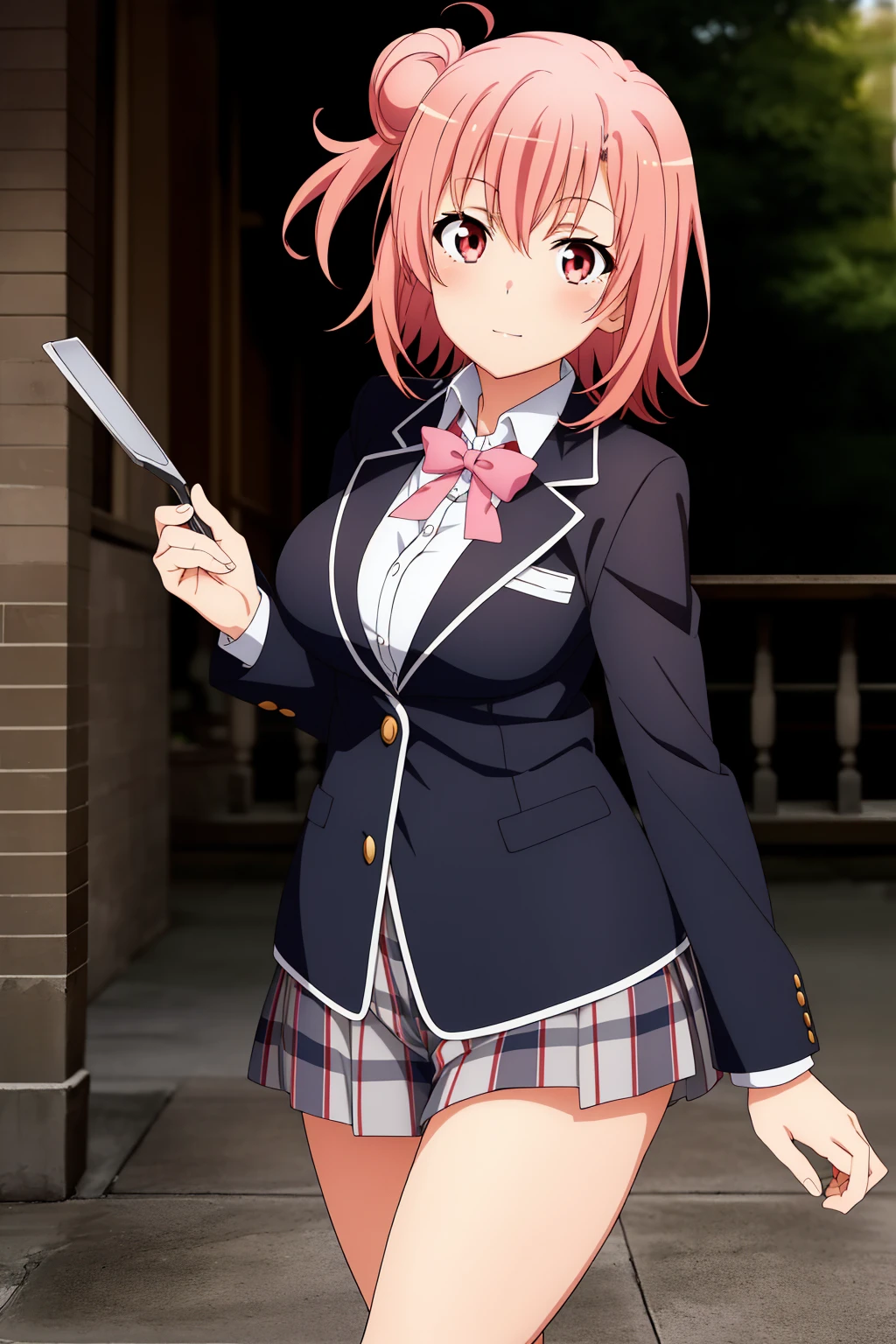 highest quality, High resolution, perfect pixel, Depth of the bounds written, 4k, beautiful anime girl, perfect body,
looking at the viewer,
Yuigahama Yui, 1 girl, short hair, pink hair, hair bun,
large breast,
blazer, ,
cowboy shot,