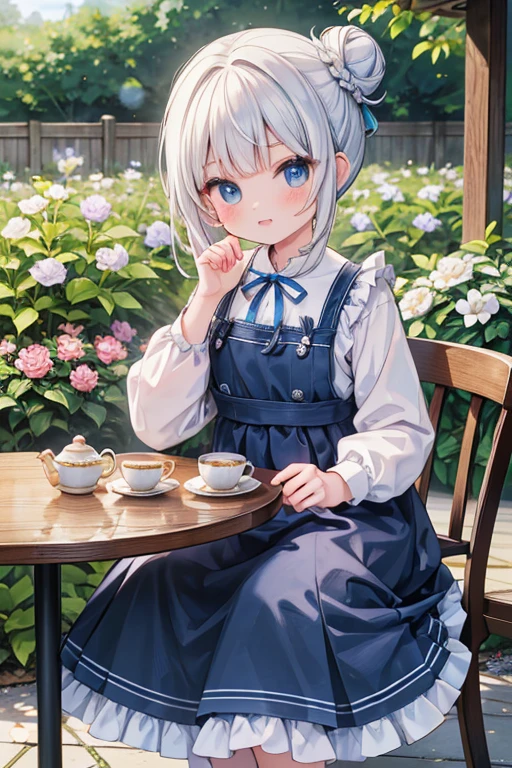 (8K, Highest quality, tableトップ:1.2)、Ultra-high resolution、14-year-old girl, Perfect Fingers, Detailed face, blue eyes, Silver Hair, half updo, Blue Apron Dress, garden, flower bed, (table:1.5), tea , Tea cup, cake, Sit on a chair