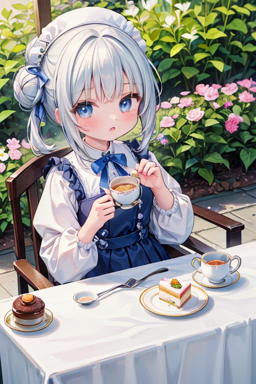 (8K, Highest quality, tableトップ:1.2)、Ultra-high resolution、-yeld gi Perfect Fingers, Detailed face, blue eyes, Silver Hair, half updo, Blue Apron Dress, garden, flower bed, (table:1.5), tea , Tea cup, cake, Sit on a chair