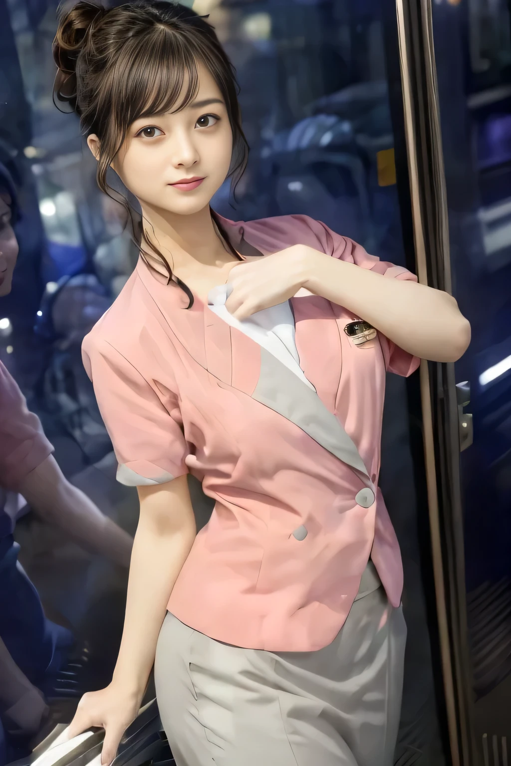 (masterpiece:1.2, Highest quality:1.2), 32k HDR, High resolution, (alone、1 girl)、 (Height: 160cm)、(On the rooftop of a building in the daytime、Professional Lighting)、Building rooftop background、(Nankai train crew uniform pinkを着たリアルスタイル)、(Nankai train crew uniform pink short sleeve collarless pink jacket、Nankai Train Crew Uniform Pink Collarless Short Sleeve Blouse、Nankai Train Crew Uniform Pink Grey Knee-length Culottes)、(The pink jacket is showing from the culottes.)、Dark brown hair、(Hair tied up、Hair tied up、Evening curly hairstyle)、Dark brown hair、Long Shot、Big Breasts、Thin legs、((Great hands:2.0)),((Harmonious body proportions:1.5)),((Normal limbs:2.0)),((Normal finger:2.0)),((Delicate eyes:2.0)),((Normal eyes:2.0)))、smile、(Nankai Train Crew Uniform Pink Grey Knee-length Culottesを見せた美しい歩く姿)、Place your hands around your stomach、Lanyard employee ID card