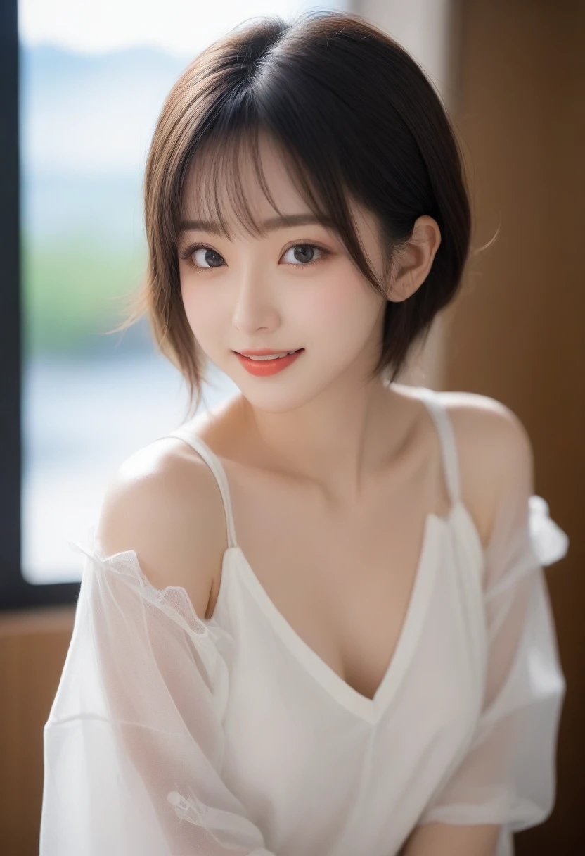 highest quality、8k Masterpiece、superA high resolution、(Photorealistic:1.3)、RAW Photos、1 girl、Black Hair、Glowing Skin、３６age、Portrait、Global Illumination、Shadow、Octane Rendering、8k、Super sharp、Beautiful breastetal、Cold colors、Very intricate details、Soft Light、CGSoation Trend、Beautiful Eyes、Shining Eyes、To the camera、Neon Details、Clear skin、short hair、smile、Featured on cosmetics website、Elegance、Photo Studio、short hair、white lingerie