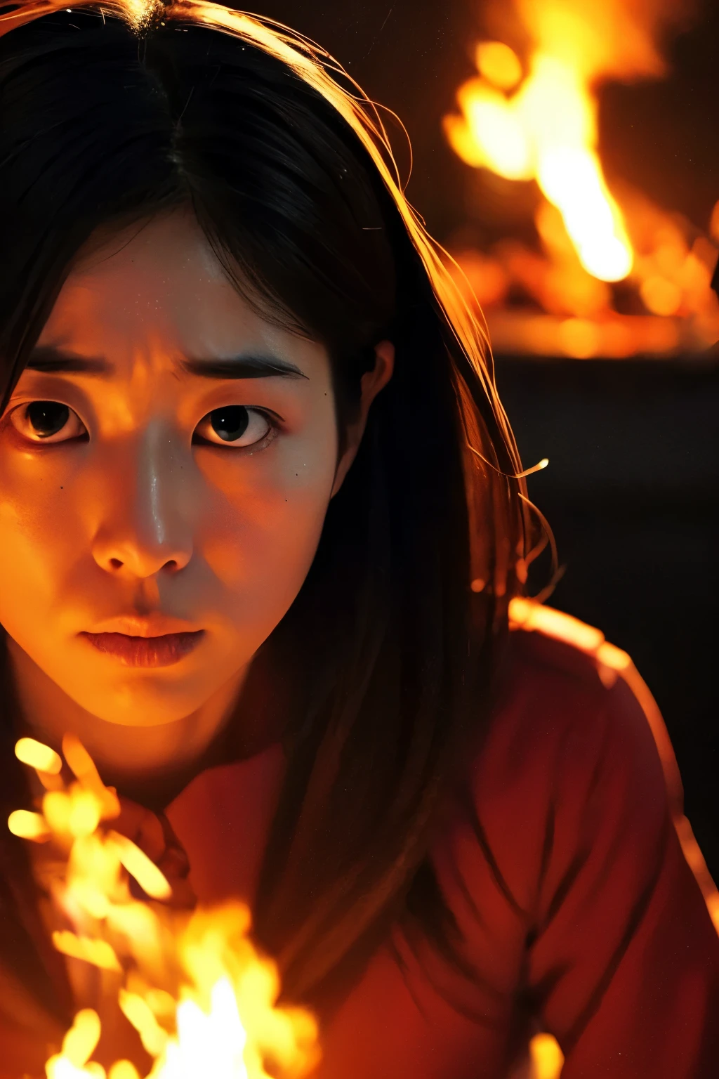 ((Correct human body structure)), (detailed face, detailed eyes), A Japanese woman, sad face, background on fire, blazing up