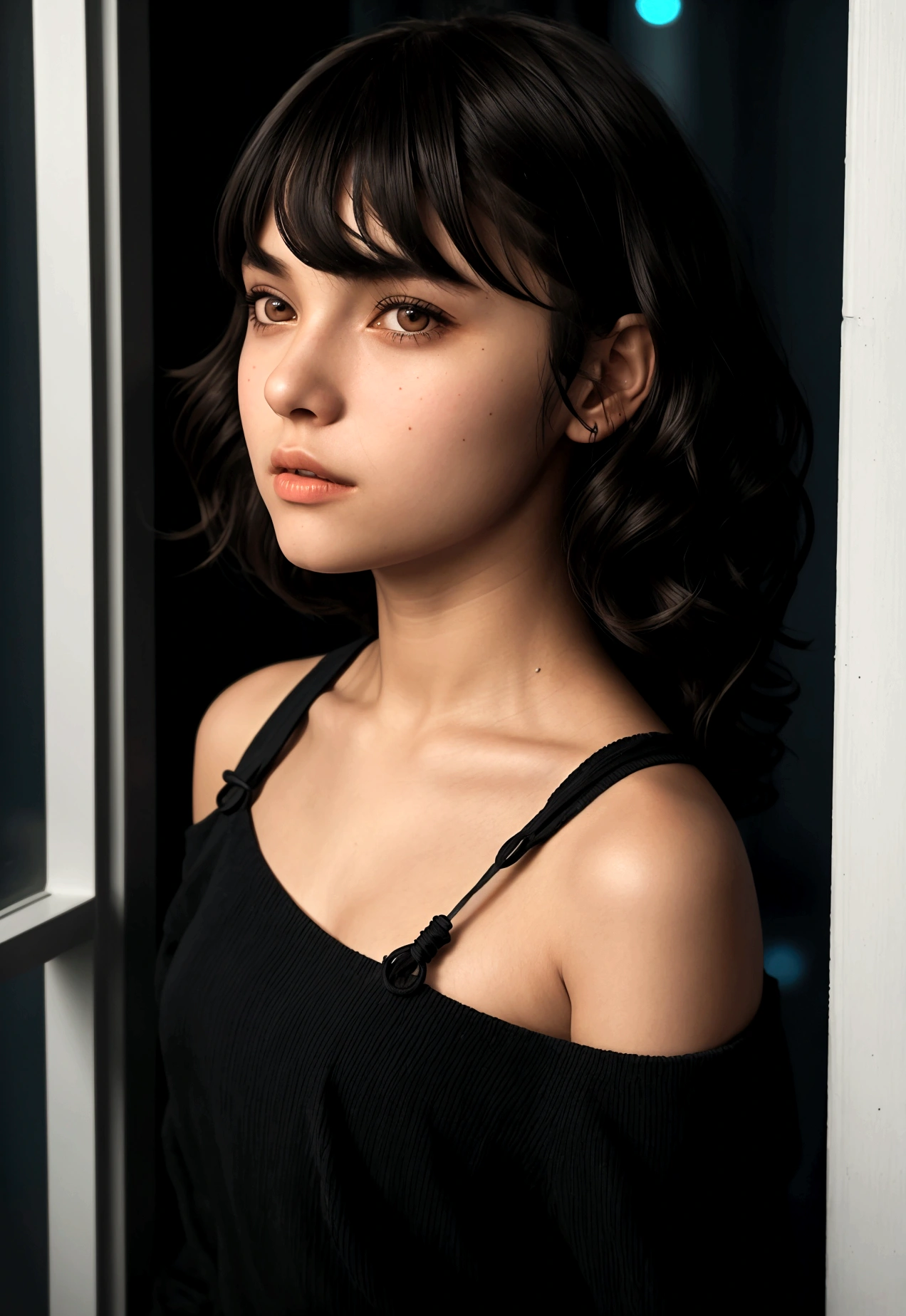 cinematic realistic portrait of a young girl, adolescent, (caucasiana), fly away, modern casual dark clothes, Long t-shirt, minimalist alternative style, Beautiful woman, ((short wavy hair to the shoulders with bangs)), (honey eyes), night in an apartment, window to the city, neon lights