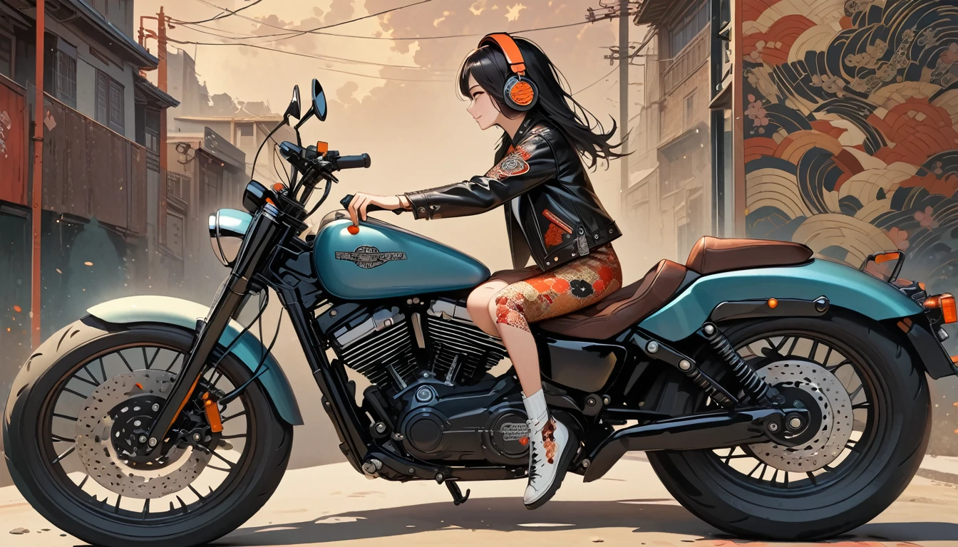 (((whole body))), ((8k of extremely detailed CG unit, Masterpiece, high resolution, highest quality, highest quality real texture skin)), (((profile))), (((Japanese pattern leather jacket))), (((Harley-Davidson))), (((Japanese style headphones))), (((sunglasses))), (((Smiling while driving a motorcycle))), (((Japanese patterned helmet))), ((1 girl)), (Black hair, messy hair, beige skin), (surreal, digital painting)