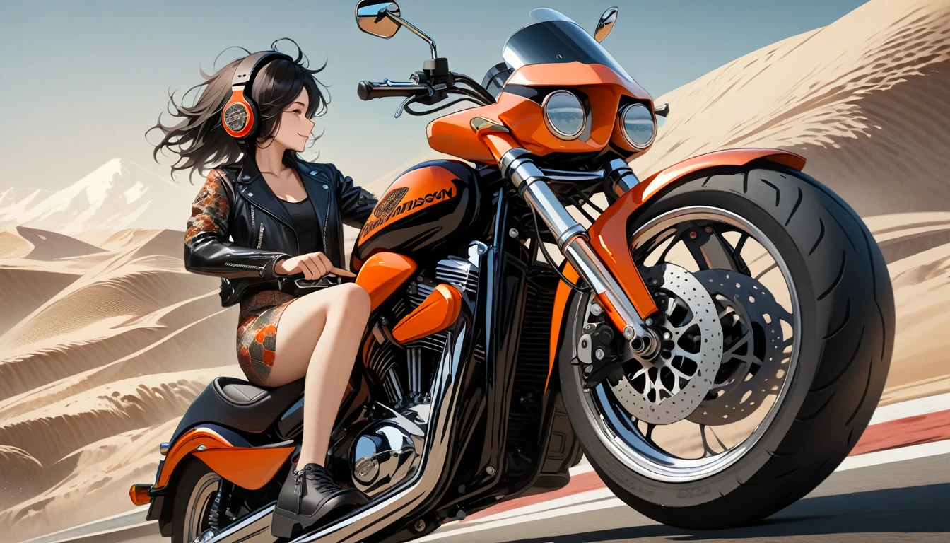 (((whole body))), ((8k of extremely detailed CG unit, Masterpiece, high resolution, highest quality, highest quality real texture skin)), (((profile))), (((Japanese pattern leather jacket))), (((Harley-Davidson))), (((Japanese style headphones))), (((sunglasses))), (((Smiling while driving a motorcycle))), (((Japanese patterned helmet))), ((1 girl)), (Black hair, messy hair, beige skin), (surreal, digital painting)
