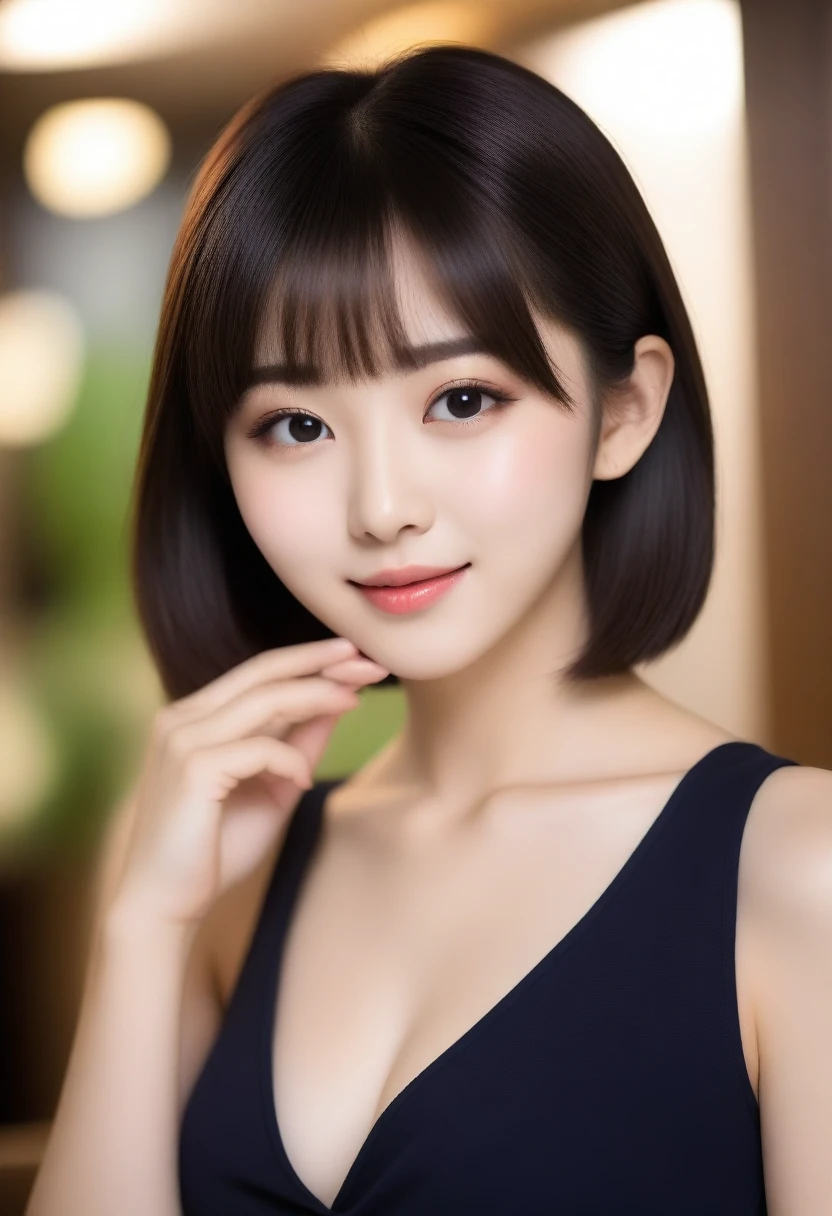 8K, Ultra-high resolution, Highest quality, masterpiece, 三分割法によるphotograph,Surreal, photograph, 1 girl, (16 years old:1.3), pretty girl, Cute face, Beautiful eyes in every detail, 細かくdetailedに,masterpiece,, One Girl:1.2, Japan Female Announcer,whole body、Black Hair、well-groomed eyebrows、Cute Lip Makeup, 黒絹のbeauty、I focus、Hot Model、slim、erotic、Sexual vision、Hide your chest、Beautiful eyes in every detail、Glossy Lips、Small breasts、((Bright light、Dynamic Lighting、Genuine、超Genuine、 realism、Genuineなディテール、Cool Beauty、Cool pose,Cute gestures、so beautiful,A carefree smile,Healing the heart,blunt bangs,Looking at the audience、beauty,Long neck、Laugh a little、Please close your mouth and laugh、(((Ideal body type))),A-cup small breasts :2,、Portraiture:2、Perfect Anatomy、鮮明なdetailed、detailed、Surreal、Light and shadow,Strong light