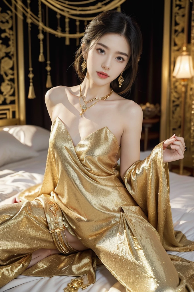 (((best quality))),(((ultra detailed))),(((masterpiece))),illustration,1 girl,solo,slim,thin,shoulder length straight bob hair,earrings,necklace,small breasts,flat chest,slender legs,high heels,Asian appearance,princess,royal,Chinese palace,night scene,magnificent dragon gown,golden crown,intricate embroidery,luxurious fabric,precious stones,(sitting on the metallic bed:1.3),(arms behind back:1.3),decorative patterns,rich decorations,luxurious furnishings,regal charm,beautiful face,gentle smile,bright eyes,historical,traditional,city lights,modernity,frozen moment,beauty of the past,evolution of time,(from front:1.3),(spread legs apart:1.3),(upper body:1.2)
