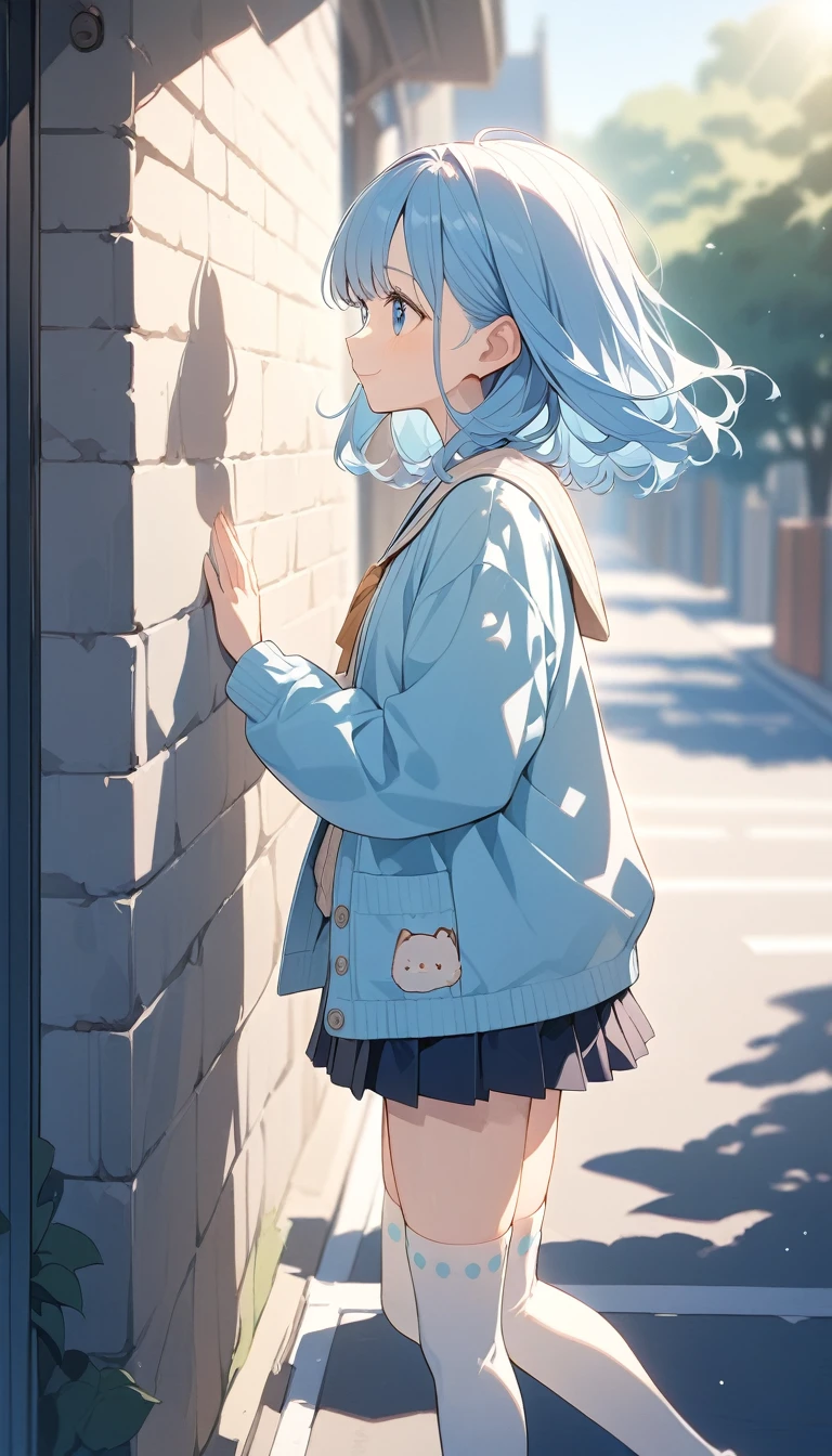 Anime Style, Very detailedなイラスト, Very detailed, beautiful, 8K, ( alone), , So cute, smile,{school uniform, Plain,Plain cardigan}, (Outdoor, Town Street) ,Blue Hair,short straight bangs, smile,blue eyes, , Please raise your hand, From the side ,(Spotted sunlight:1.2),Blurred,(Written boundary depth:1.1),Tilt your head,(Thigh-high socks:1.3),