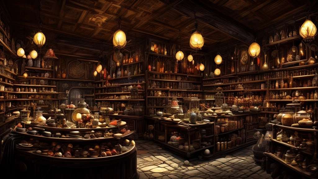 masterpiece, concept art, centered, panoramic, Potion store interior, mythical, fantasy theme, 1girl as a storekeeper, witch, cute, cozy, atmospheric, (epic composition, epic proportion, highly detailed), HD, vibrant color,