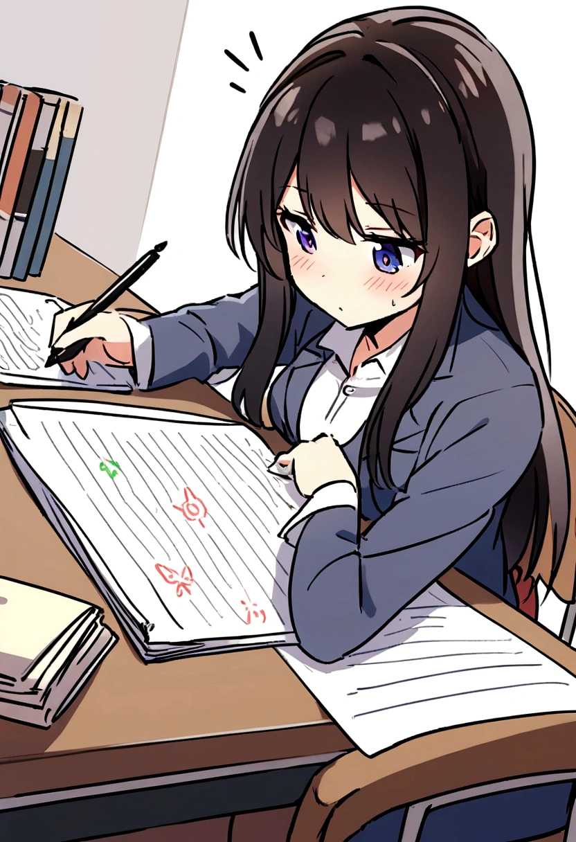 big,super high quolity,4k,anime,a girl,study,writing note,in her house,qute cat,sheet on chair

